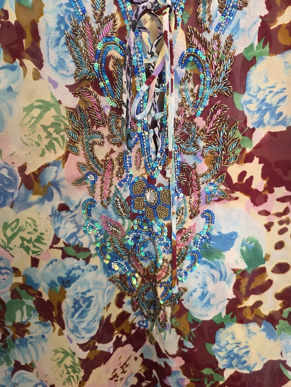 Lucky & Coco Floral Leopard Print Beaded Swim Batwing Kimono Sz M - Picture 4 of 8